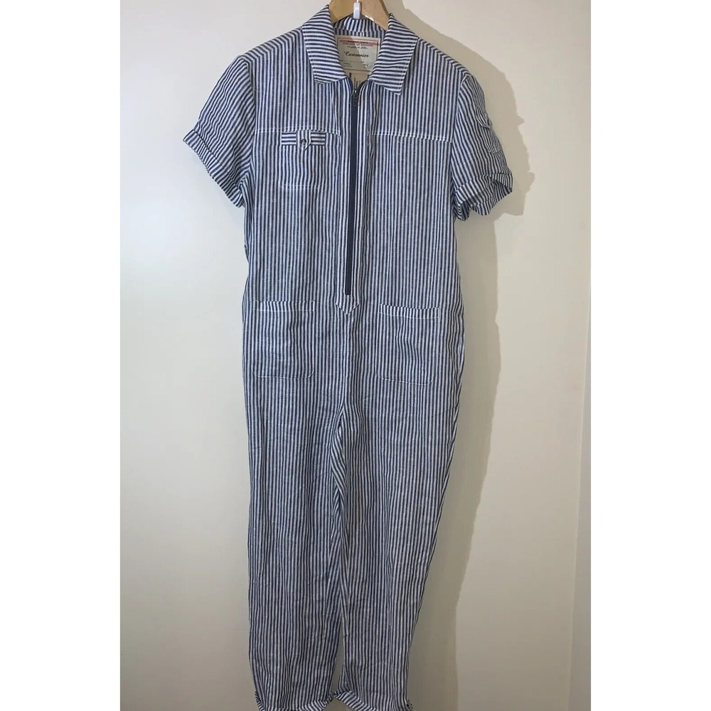 Cartonnier Jumpsuit Blue White Conductor Striped 100% Linen Zip